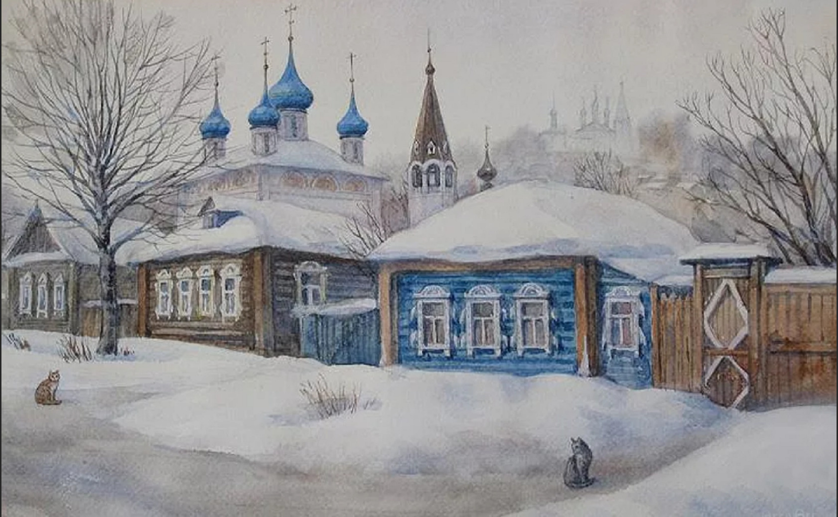 Зимняя деревня акварель